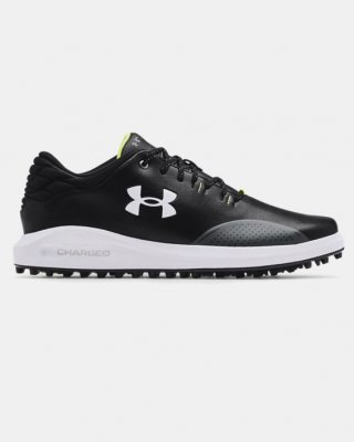 The UA Draw Sport Spikeless Golf Shoes are color Black / Pitch Gray and style 3023731-001. Molded EVA footbed for step-in comfort