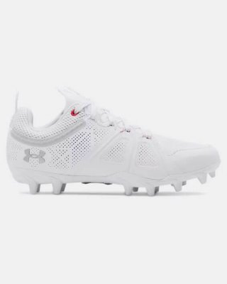 The Women\'s UA Glory MC Lacrosse Cleats are White / Metallic Silver and style Under Armour 3024280-100. Built to make you more explosive, with a cord lacing system that creates crazy support where you need it.