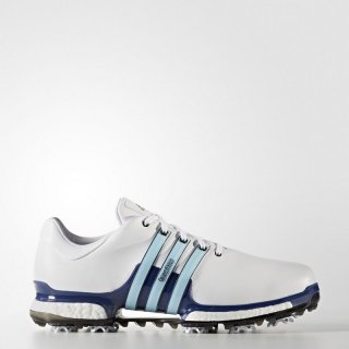 The adidas Tour 360 Boost 2.0 Shoes in white provide luxury, energy return, and all-day comfort for golfers with wide feet.