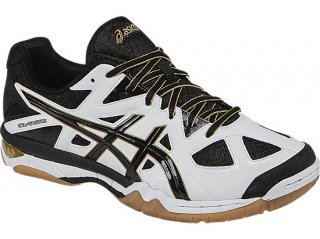 Asics volleyball shoes mens. This pair of Asics GEL-Tactic White/Black/Pale Gold B504N 0190 are shapeable.