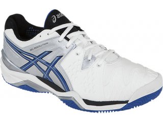 Asics tennis shoes mens. The Asics GEL-Resolution 6 Clay Court White/Blue/Silver E503Y 0142 will sell well in Germany.