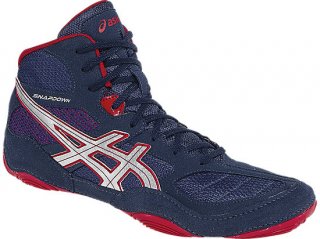 Japan Asics Wrestling Shoes. This Asics Snapdown Navy/Silver/Red J502Y 5093 is very stylish and inexpensive.