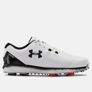 Men\'s UA HOVR Drive GORE-TEX Golf Shoes: Lightweight, durable TPU outsole, White / Black / Black Featured in MyGolfSpy\'s 2020 list of most wanted spiked golf shoes.